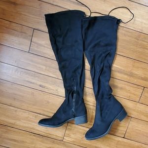 Black Suede Top Tie Knee High Boots